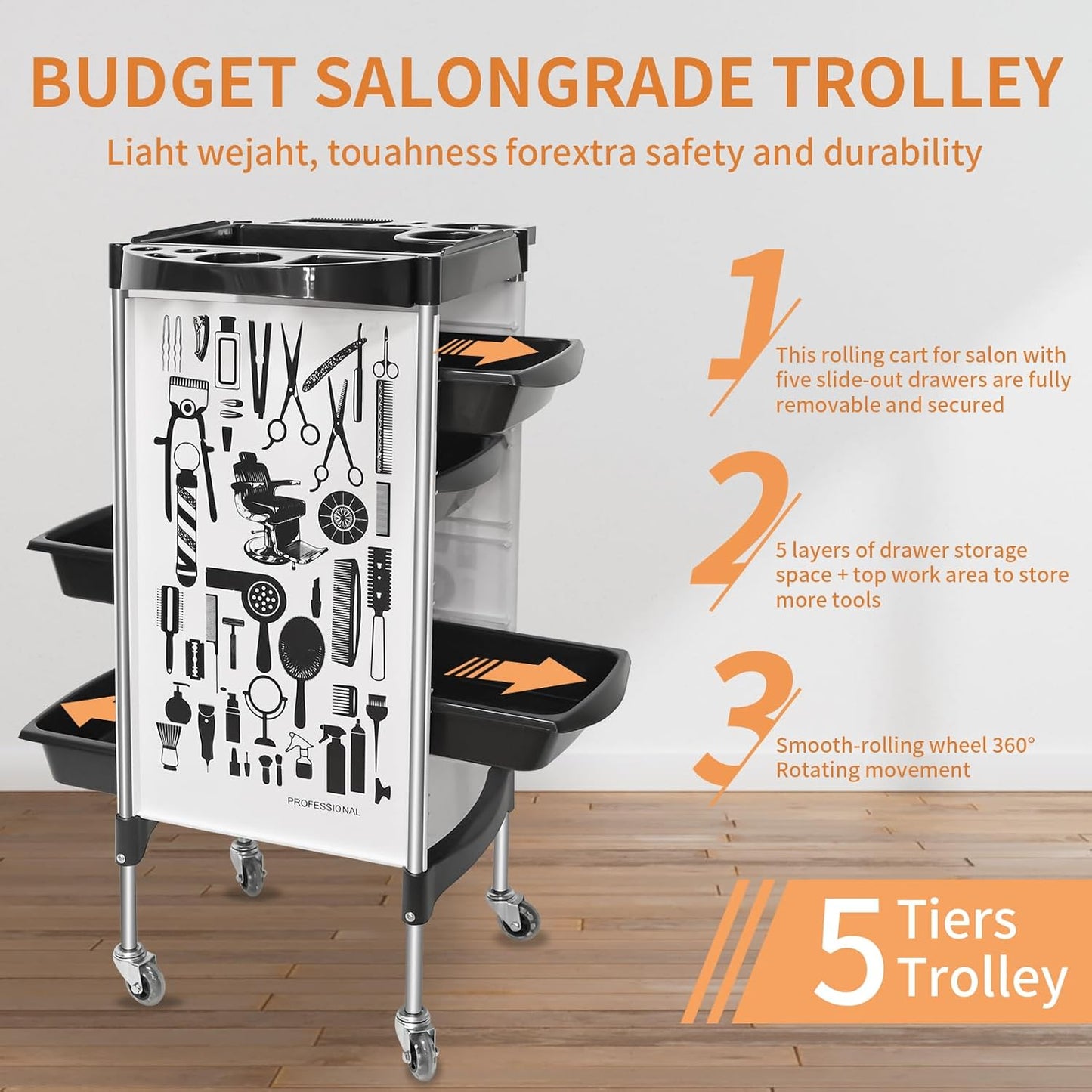 Carrito de salón con ruedas, multifunción con 5 cajones