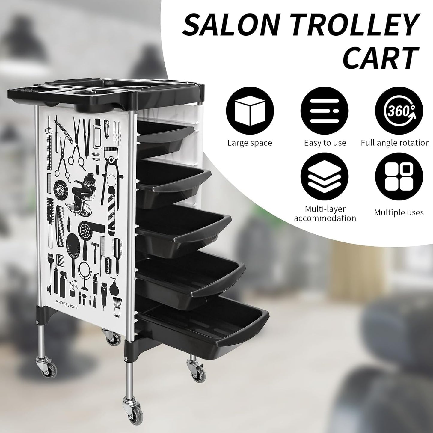 Carrito de salón con ruedas, multifunción con 5 cajones