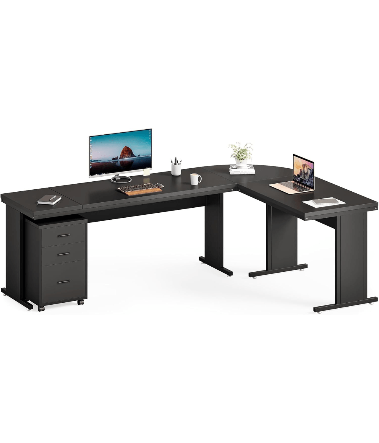 Escritorio ejecutivo grande en forma de L para computadora con archivador móvil de 3 cajones - vivox&space