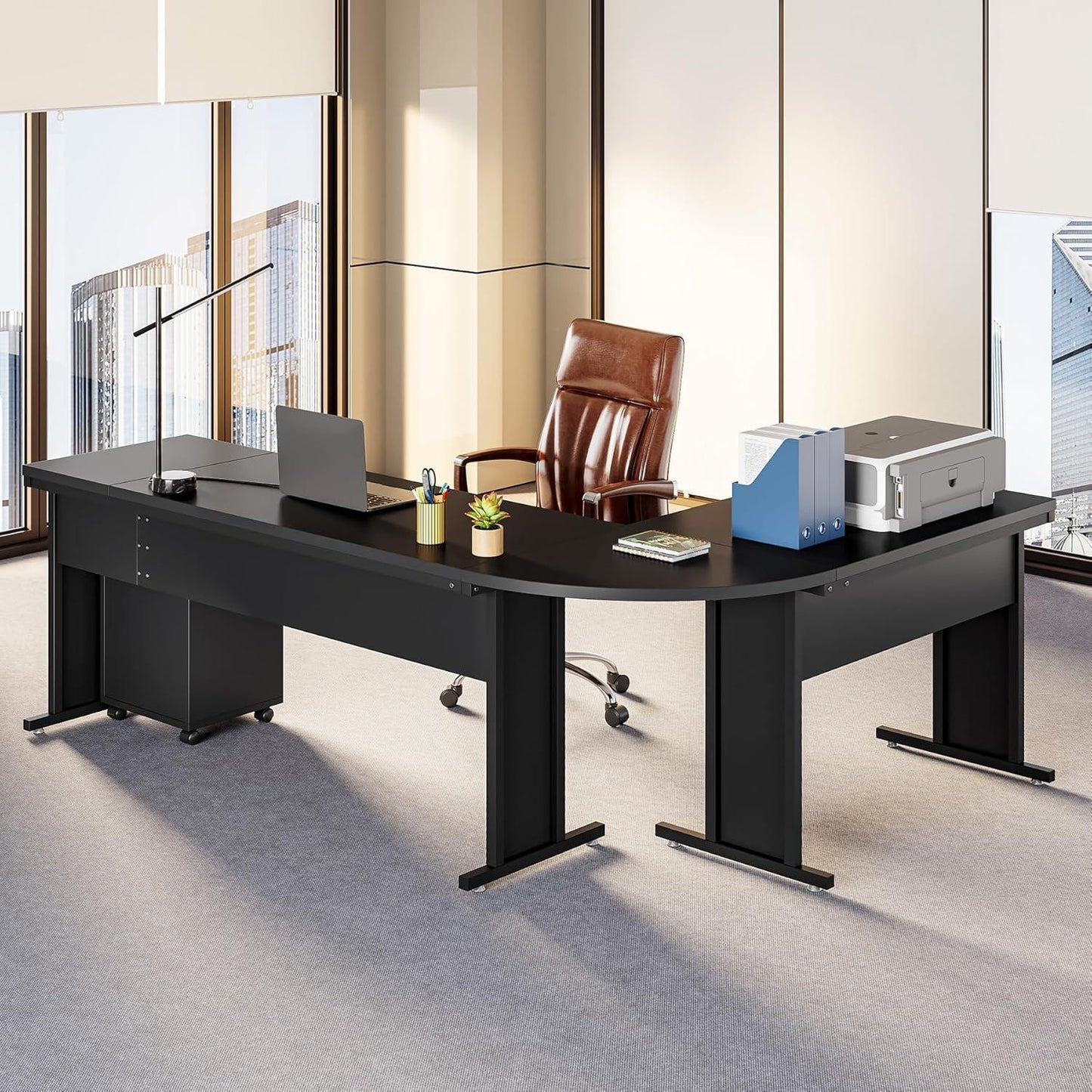 Escritorio ejecutivo grande en forma de L para computadora con archivador móvil de 3 cajones - vivox&space